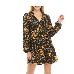 TRUE CRAFT M Black/Orange/Yellow Abstract Mini Dress Long Sleeve V-Neck Rayon